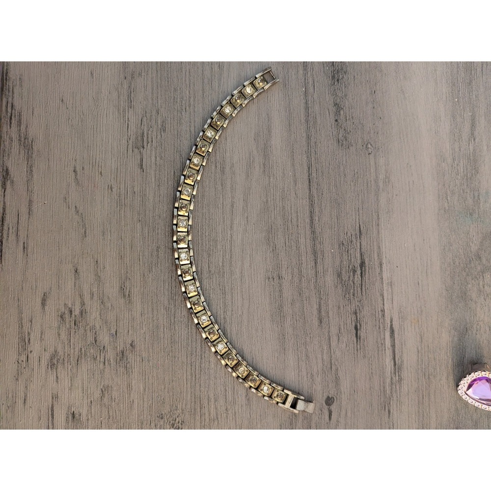 Mens Two Tone Silver Gold Rhinestone Studded Link Bracelet Vintage Stainless